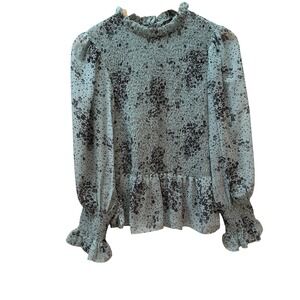 Petal Roz Light Blue Floral Smocked Peplum Blouse Mock Neck Long Sleeve Large‎